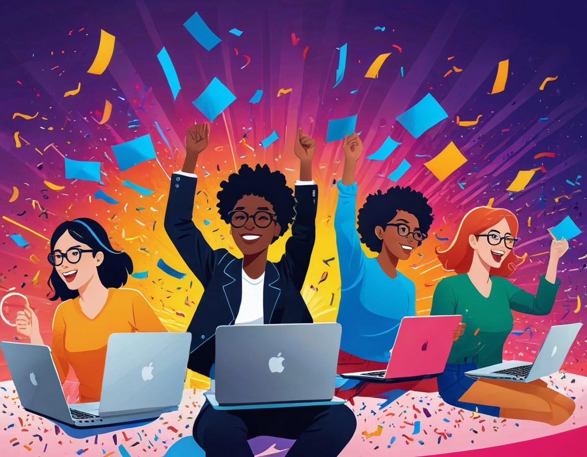 A dynamic scene depicting a diverse group of people engaging in various online competitions, surrounded by digital symbols of sweepstakes and raffles like tickets and spinning wheels. The background features a bright, inviting color palette with elements like confetti and trophies, symbolizing success. Present a balance of excitement and strategy in their expressions. super-realistic. vibrant colors. energetic atmosphere.