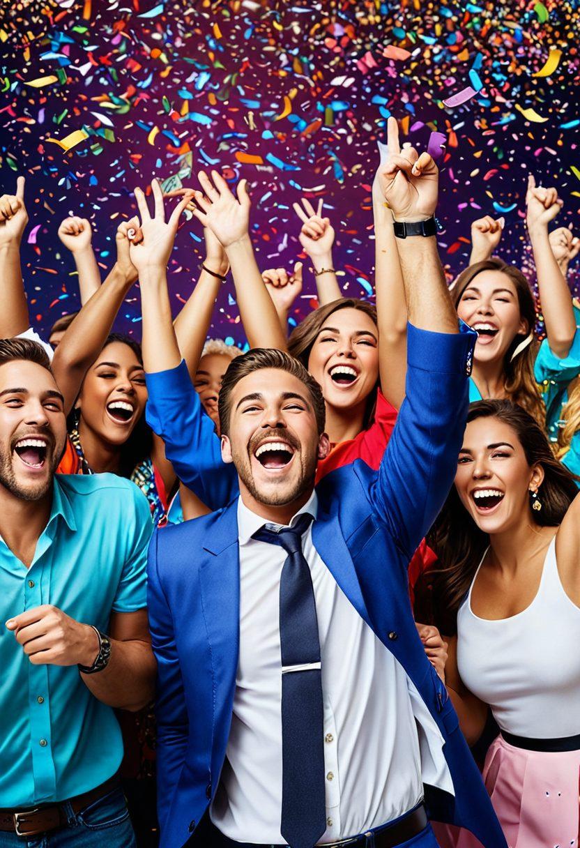 A visually striking scene featuring a diverse group of excited individuals celebrating with colorful confetti and oversized lottery tickets, surrounded by elaborate giveaway prizes like luxury gadgets, vacation packages, and cash. The background showcases a bright and festive atmosphere with banners displaying 'Win Big!' and 'Unlock Your Success!'. The image should evoke feelings of joy and ambition. vibrant colors. super-realistic.